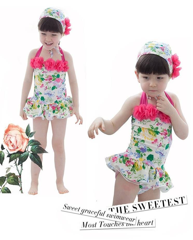 キッズ　ジュニア　女の子　水着　ワンピース　セット　フリル　総柄　フラワー　花柄　スイムウェア　かわいい　キュート　夏　ビーチ　リゾート　マリン　海水浴　プール　スイミング　ホワイト×ピンク　送料無料