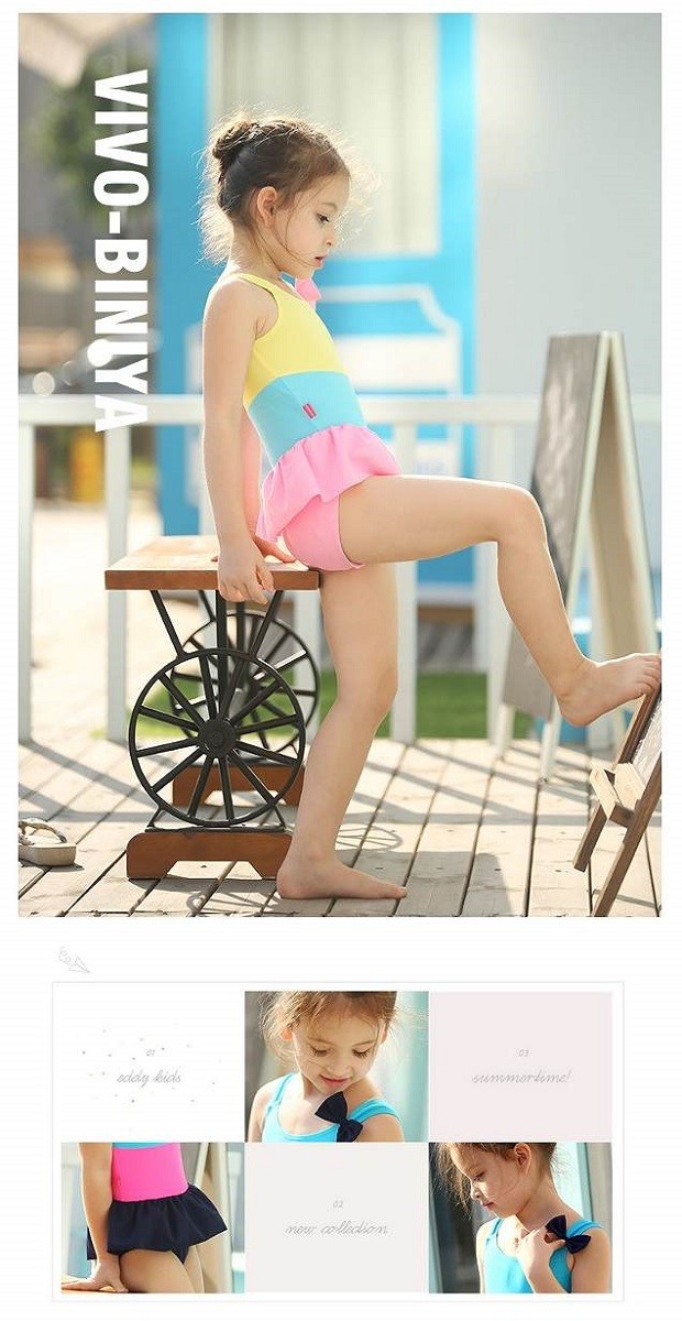 キッズ　ジュニア　女の子　水着　ワンピース　ボーダー　スイムウェア　かわいい　キュート　夏　ビーチ　リゾート　マリン　海水浴　プール　スイミング　黄+水色+ピンク　水色+ピンク+紺　送料無料