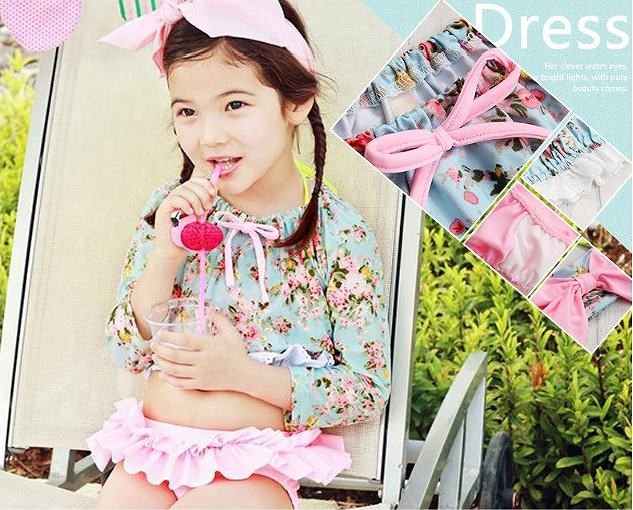 キッズ　ジュニア　女の子　水着　ビキニ　ラッシュガード　セット　キャップ　花柄　フラワー　リボン　スイムウェア　かわいい　キュート　夏　ビーチ　リゾート　マリン　海水浴　プール　スイミング　ピンク×ブルー　送料無料