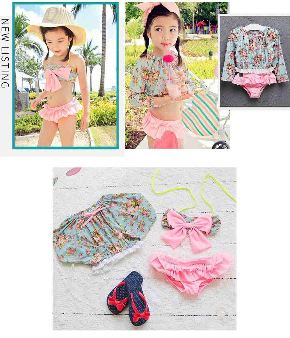 キッズ　ジュニア　女の子　水着　ビキニ　ラッシュガード　セット　キャップ　花柄　フラワー　リボン　スイムウェア　かわいい　キュート　夏　ビーチ　リゾート　マリン　海水浴　プール　スイミング　ピンク×ブルー　送料無料