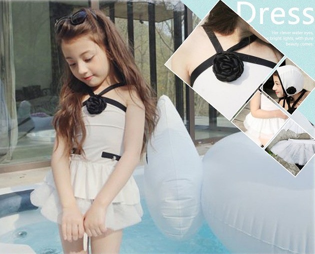 キッズ　ジュニア　女の子　水着　バンドゥ　ワンピース　キャップ　セット　バイカラー　無地　フリル　スイムウェア　かわいい　キュート　夏　ビーチ　リゾート　マリン　海水浴　プール　スイミング　ホワイト　ブラック　送料無料