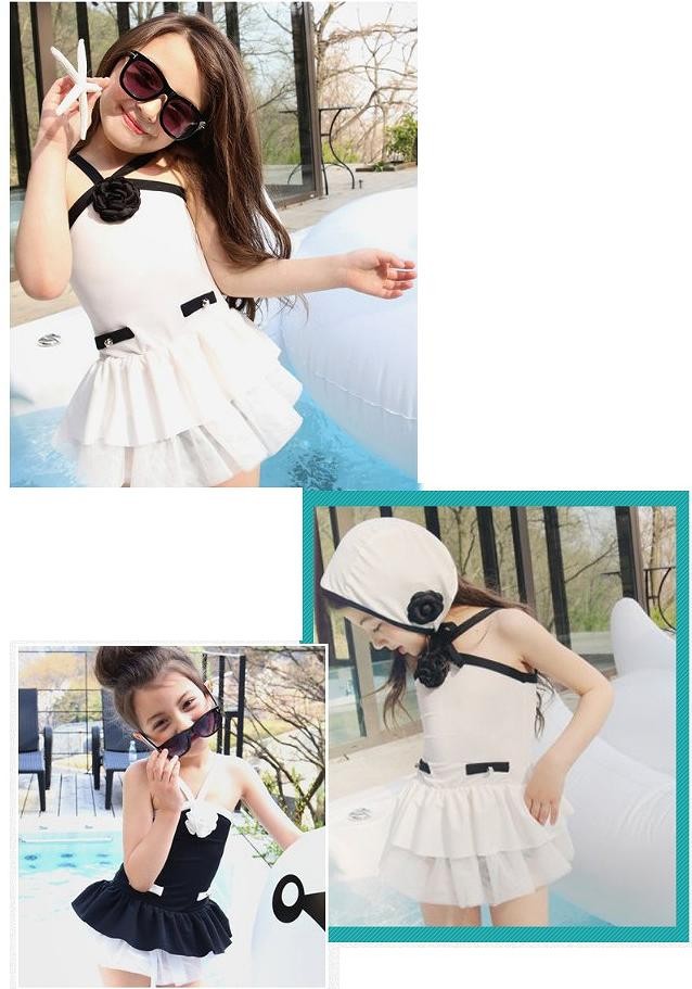 キッズ　ジュニア　女の子　水着　バンドゥ　ワンピース　キャップ　セット　バイカラー　無地　フリル　スイムウェア　かわいい　キュート　夏　ビーチ　リゾート　マリン　海水浴　プール　スイミング　ホワイト　ブラック　送料無料