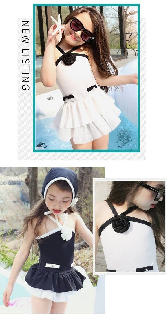 キッズ　ジュニア　女の子　水着　バンドゥ　ワンピース　キャップ　セット　バイカラー　無地　フリル　スイムウェア　かわいい　キュート　夏　ビーチ　リゾート　マリン　海水浴　プール　スイミング　ホワイト　ブラック　送料無料