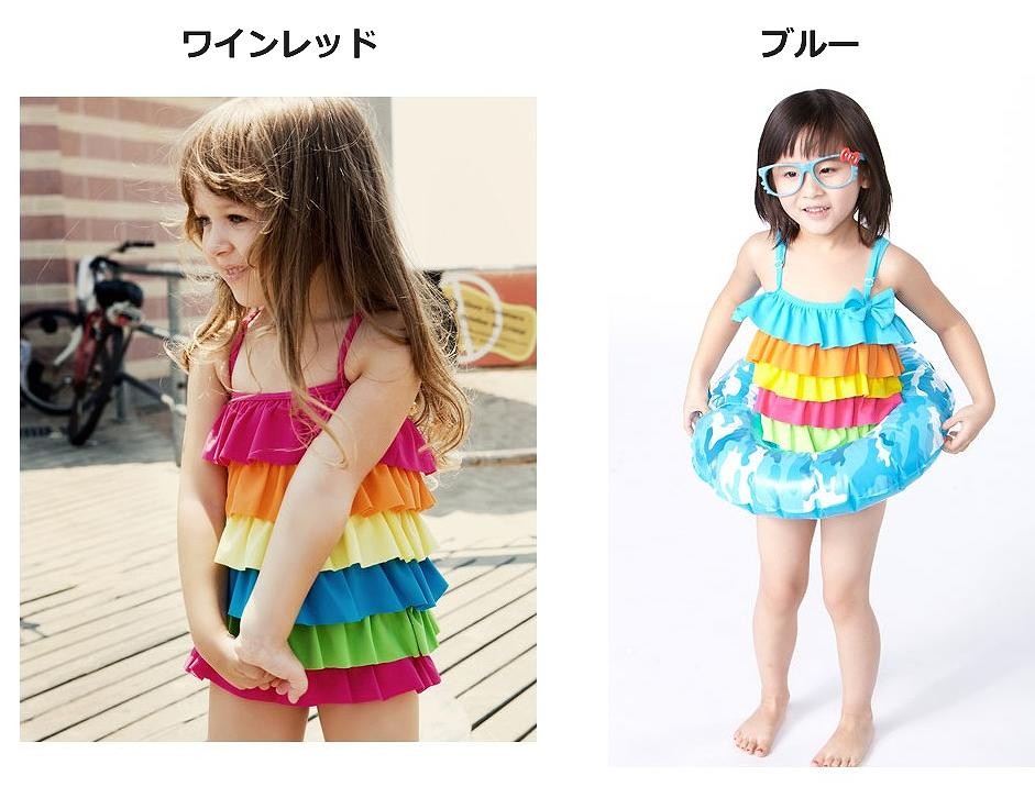 キッズ　ジュニア　女の子　水着　ワンピース　ボーダー　フリル　スイムウェア　かわいい　キュート　夏　ビーチ　リゾート　マリン　海水浴　プール　スイミング　ブルー　ワインレッド　送料無料