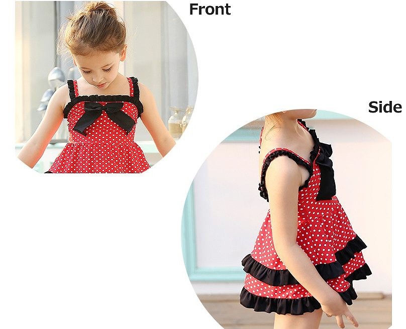 キッズ　ジュニア　女の子　水着　ワンピース　ドット柄　水玉　フリル　リボン　総柄　スイムウェア　かわいい　キュート　夏　ビーチ　リゾート　マリン　海水浴　プール　スイミング　ブラック×レッド　送料無料