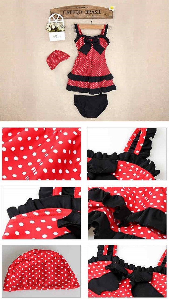 キッズ　ジュニア　女の子　水着　ワンピース　ドット柄　水玉　フリル　リボン　総柄　スイムウェア　かわいい　キュート　夏　ビーチ　リゾート　マリン　海水浴　プール　スイミング　ブラック×レッド　送料無料