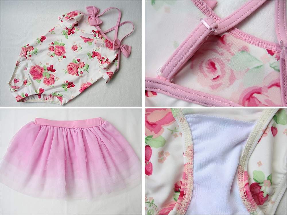 キッズ　ジュニア　女の子　水着　ワンピース　スカート　キャップ　セット　総柄　フラワー　花柄　リボン　スイムウェア　かわいい　キュート　夏　ビーチ　リゾート　マリン　海水浴　プール　スイミング　ホワイト×ピンク　送料無料