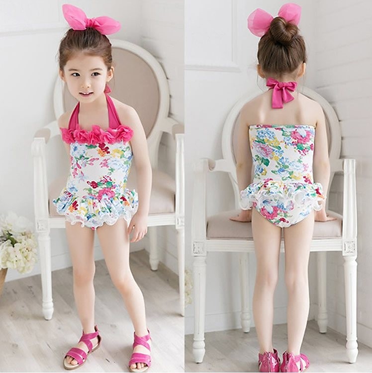 キッズ　ジュニア　女の子　水着　ワンピース　キャップ　セット　総柄　フラワー　花柄　スイムウェア　かわいい　キュート　夏　ビーチ　リゾート　マリン　海水浴　プール　スイミング　ホワイト×ピンク　送料無料