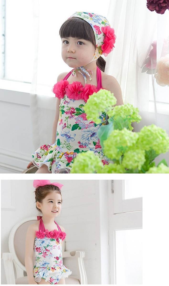 キッズ　ジュニア　女の子　水着　ワンピース　キャップ　セット　総柄　フラワー　花柄　スイムウェア　かわいい　キュート　夏　ビーチ　リゾート　マリン　海水浴　プール　スイミング　ホワイト×ピンク　送料無料