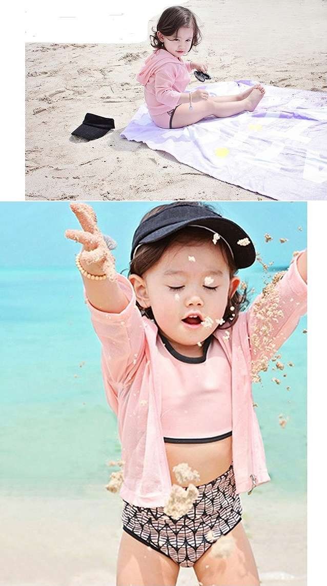 キッズ　ジュニア　女の子　水着　タンキニ　ビキニ　ラッシュガード　長袖　フード付き　セット　無地　スイムウェア　かわいい　キュート　夏　ビーチ　リゾート　マリン　海水浴　プール　スイミング　ピンク　ブラック　送料無料