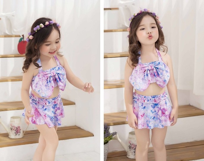 キッズ　ジュニア　女の子　水着　ビキニ　スカート　セット　総柄　フラワー　花柄　スイムウェア　かわいい　キュート　夏　ビーチ　リゾート　マリン　海水浴　プール　スイミング　ホワイト×パープル　送料無料