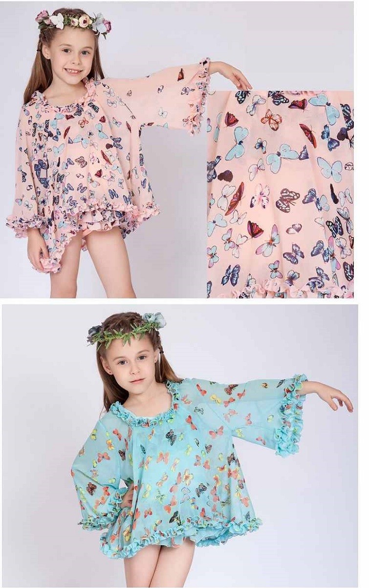 キッズ　ジュニア　女の子　水着　ワンピース　ラッシュガード　長袖　セット　蝶柄　総柄　フリル　スイムウェア　かわいい　キュート　夏　ビーチ　リゾート　マリン　海水浴　プール　スイミング　ピンク　ブルー　送料無料