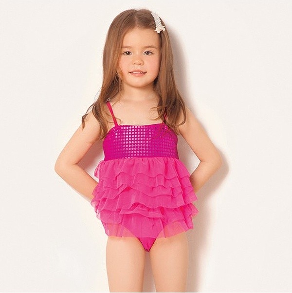 キッズ　ジュニア　女の子　水着　ワンピース　スパンコール　無地　シフォン　スイムウェア　かわいい　キュート　夏　ビーチ　リゾート　マリン　海水浴　プール　スイミング　ピンク　イエロー　送料無料