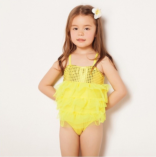 キッズ　ジュニア　女の子　水着　ワンピース　スパンコール　無地　シフォン　スイムウェア　かわいい　キュート　夏　ビーチ　リゾート　マリン　海水浴　プール　スイミング　ピンク　イエロー　送料無料
