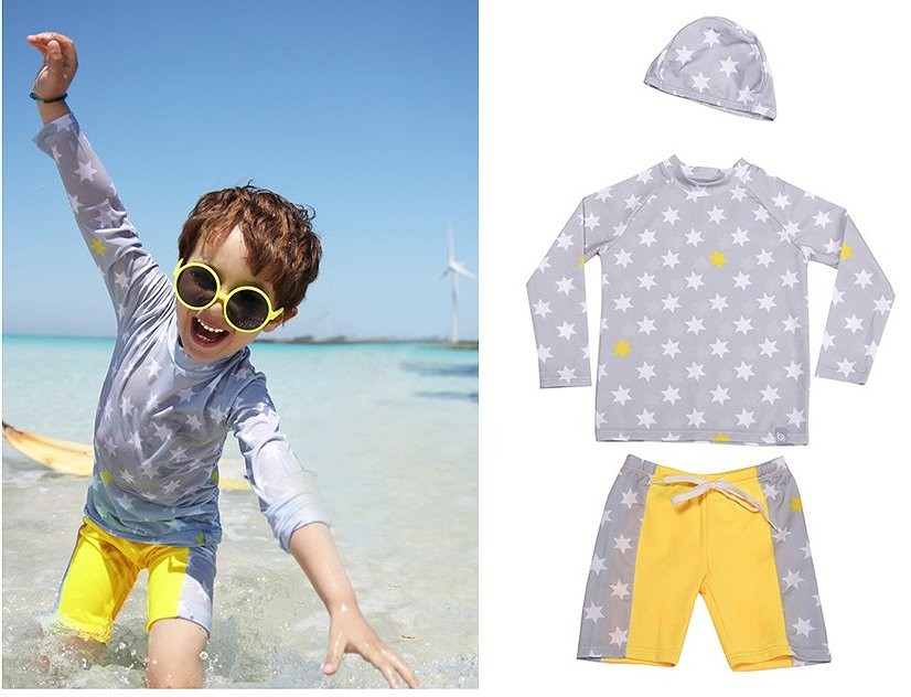 キッズ　ジュニア　男の子　水着　スイムパンツ　キャップ　ラッシュガード　セット　長袖　星柄　総柄　スイムウェア　かわいい　キュート　夏　ビーチ　リゾート　マリン　海水浴　プール　スイミング　ライトグレー　ダークブルー　送料無料