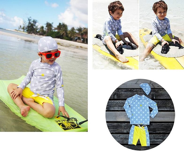 キッズ　ジュニア　男の子　水着　スイムパンツ　キャップ　ラッシュガード　セット　長袖　星柄　総柄　スイムウェア　かわいい　キュート　夏　ビーチ　リゾート　マリン　海水浴　プール　スイミング　ライトグレー　ダークブルー　送料無料