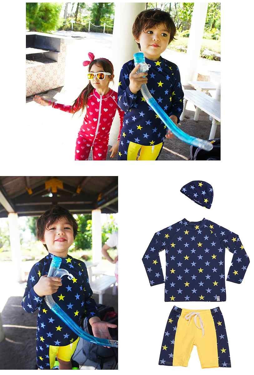 キッズ　ジュニア　男の子　水着　スイムパンツ　キャップ　ラッシュガード　セット　長袖　星柄　総柄　スイムウェア　かわいい　キュート　夏　ビーチ　リゾート　マリン　海水浴　プール　スイミング　ライトグレー　ダークブルー　送料無料