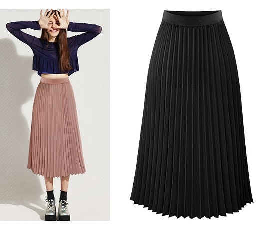 レディース　プリーツスカート　シフォン　ハイウエスト　ロング　ミモレ丈　春　スカート　女性用　大人　キュート　可愛い　セクシー　おしゃれ　ファッション　S　M　L　XL　サイズ　ピンク　ブラック　ホワイト　黒　白　送料無料