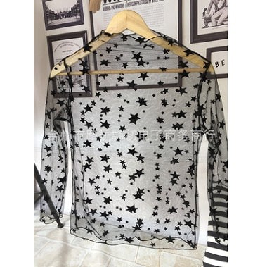 レディース　シースルー　ロング　トップス　星柄　ドット　水玉　花柄　ストライプ　長袖　女性用　セクシー　大人　キュート　可愛い　おしゃれ　ファッション　フリーサイズ　ワンサイズ　ブラック　黒　送料無料