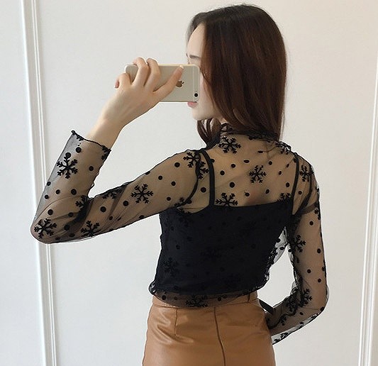 レディース　シースルー　ロング　トップス　星柄　ドット　水玉　花柄　ストライプ　長袖　女性用　セクシー　大人　キュート　可愛い　おしゃれ　ファッション　フリーサイズ　ワンサイズ　ブラック　黒　送料無料