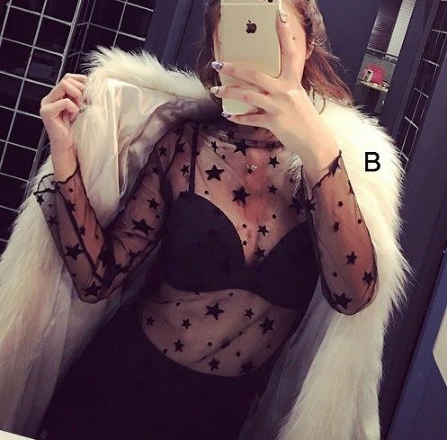 レディース　シースルー　ロング　トップス　星柄　ドット　水玉　花柄　ストライプ　長袖　女性用　セクシー　大人　キュート　可愛い　おしゃれ　ファッション　フリーサイズ　ワンサイズ　ブラック　黒　送料無料