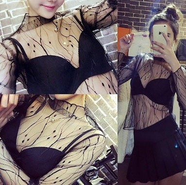 レディース　シースルー　ロング　トップス　星柄　ドット　水玉　花柄　ストライプ　長袖　女性用　セクシー　大人　キュート　可愛い　おしゃれ　ファッション　フリーサイズ　ワンサイズ　ブラック　黒　送料無料