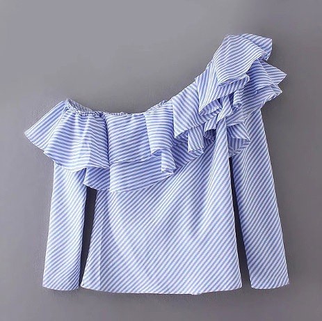レディース　フラウンス　ストライプ　シャツ　ブラウス　長袖　ストラップレス　トップス　春　フリル　ロングシャツ　女性用　大人　キュート　可愛い　セクシー　おしゃれ　ファッション　S　M　L　サイズ　ブルー　送料無料