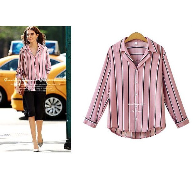 レディース　長袖　シャツ　ストライプ　ブラウス　トップス　開襟シャツ　春　ロングシャツ　女性用　清楚　大人　キュート　可愛い　おしゃれ　セクシー　ファッション　S　M　L　XL　サイズ　ピンク　送料無料