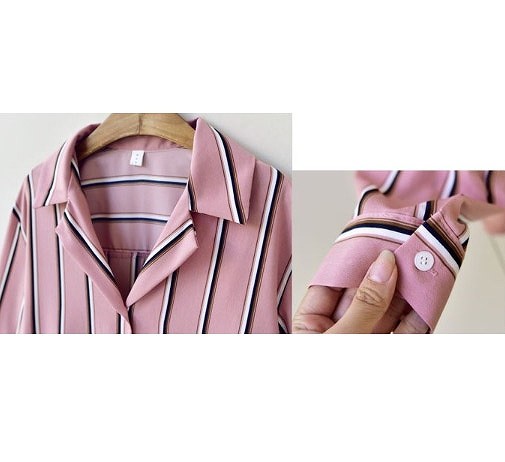 レディース　長袖　シャツ　ストライプ　ブラウス　トップス　開襟シャツ　春　ロングシャツ　女性用　清楚　大人　キュート　可愛い　おしゃれ　セクシー　ファッション　S　M　L　XL　サイズ　ピンク　送料無料