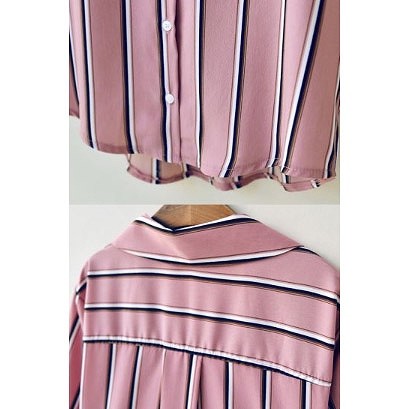 レディース　長袖　シャツ　ストライプ　ブラウス　トップス　開襟シャツ　春　ロングシャツ　女性用　清楚　大人　キュート　可愛い　おしゃれ　セクシー　ファッション　S　M　L　XL　サイズ　ピンク　送料無料