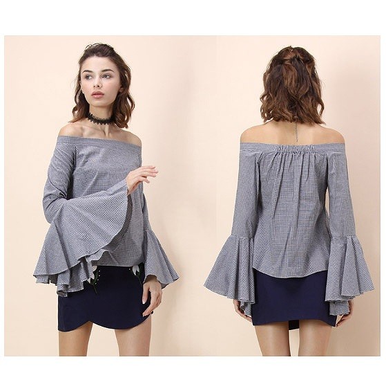 レディース　ストラップレス　オフショルダー　スピーカースリーブ　ブラウス　長袖　コットン　トップス　春　女性用　清楚　大人　キュート　可愛い　おしゃれ　セクシー　ファッション　S　M　L　XL　サイズ　ブルー　送料無料