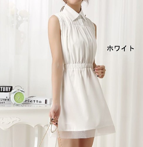 レディース　シフォン　ワンピ　ワンピース　ノースリーブ　襟　春　女性用　大人　カジュアル　キュート　可愛い　セクシー　おしゃれ　ファッション　S　M　L　XL　サイズ　ネイビー　ホワイト　紺色　白色　送料無料