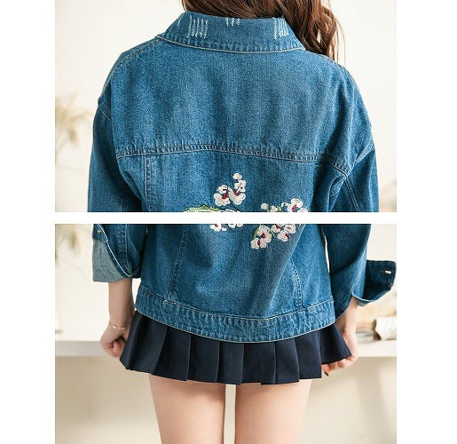 レディース　デニム　ジャケット　花柄　刺繍　ジージャン　JKT　アウター　トップス　羽織　長袖　春　女性用　大人　カジュアル　キュート　可愛い　おしゃれ　ファッション　S　M　L　サイズ　ブルー　送料無料