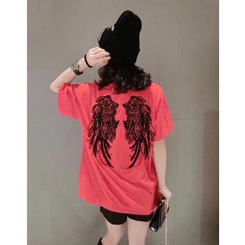 レディース　Tシャツ　トップス　翼　刺繍　羽　春　夏　大きめ　大きいサイズ　ゆったり　クルーネック　大人　カジュアル　女性　おしゃれ　セクシー　可愛い　レッド　ブラック　赤　黒　S　M　L　XL　送料無料