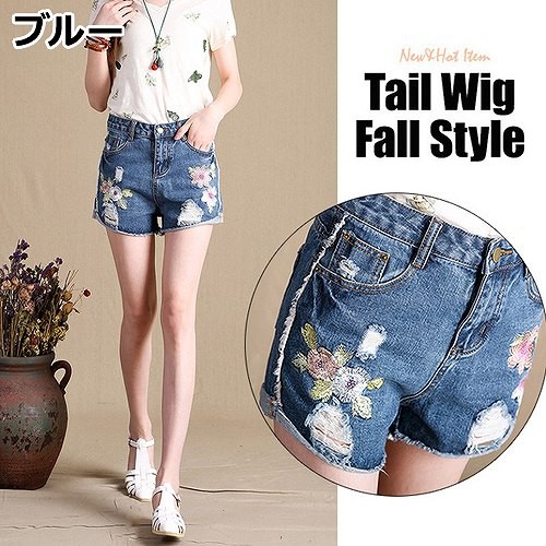 レディース　ホットパンツ　花柄　刺繍　ショートパンツ　ショーツ　デニム　ジーンズ　ジーパン　春　夏　大人　カジュアル　女性　おしゃれ　可愛い　ブルー　ホワイト　26　27　28　29　331　32　33　34　36　38　40インチ　送料無料