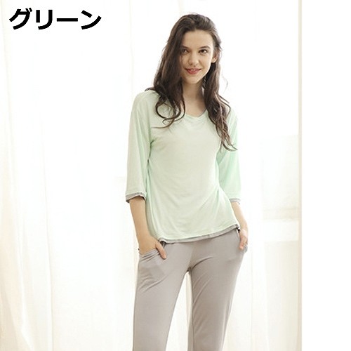 レディース　レーヨン　5分袖　Uネック　ルームウェア　上下セット　長袖　部屋着　パジャマ　ナイトウェア　セットアップ　パンツ　シンプル　女性用　大人　S　M　L　XL　サイズ　ピンク　グリーン　ブルー　無地　送料無料