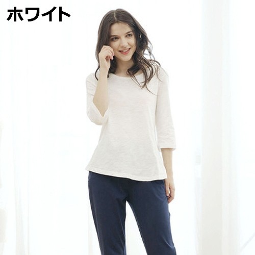 レディース　コットン　7分袖　Uネック　ルームウェア　上下セット　春　部屋着　パジャマ　ナイトウェア　寝間着　セットアップ　Tシャツ　パンツ　シンプル　女性用　大人　S　M　L　XL　サイズ　ホワイト　ピンク　白　無地　送料無料