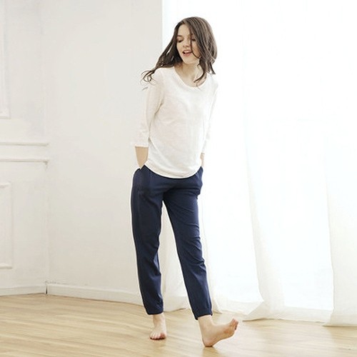 レディース　コットン　7分袖　Uネック　ルームウェア　上下セット　春　部屋着　パジャマ　ナイトウェア　寝間着　セットアップ　Tシャツ　パンツ　シンプル　女性用　大人　S　M　L　XL　サイズ　ホワイト　ピンク　白　無地　送料無料