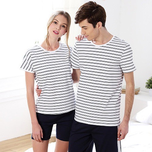 レディース　コットン　半袖　ボーダー　ペアルック　ルームウェア　上下セット　春　部屋着　パジャマ　ナイトウェア　寝間着　セットアップ　Tシャツ　パンツ　ショートパンツ　シンプル　女性用　男性用　メンズ　M　L　XL　XXL　XXXL　ホワイト　送料無料