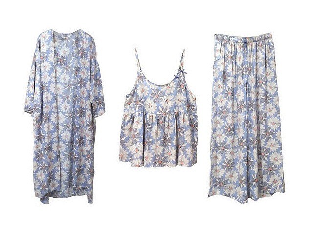レディース　コットン　ルームウェア　花柄　3点セット　ガウン　キャミソール　ワイドレッグパンツ　上下セット　春　部屋着　パジャマ　ナイトウェア　寝間着　セットアップ　パンツ　女性用　大人　S　M　L　XL　サイズ　ブルー　送料無料