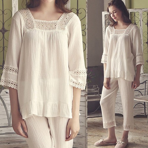 レディース　コットン　7部袖　7分丈　レース　ルームウェア　上下セット　シンプル　部屋着　パジャマ　ナイトウェア　寝間着　セットアップ　パンツ　女性用　大人　キュート　可愛い　セクシー　M　L　サイズ　ホワイト　送料無料