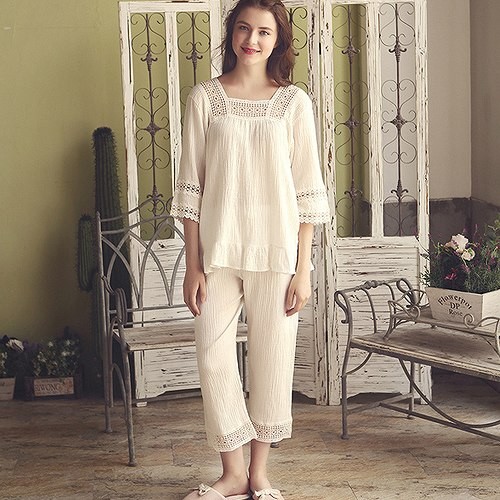 レディース　コットン　7部袖　7分丈　レース　ルームウェア　上下セット　シンプル　部屋着　パジャマ　ナイトウェア　寝間着　セットアップ　パンツ　女性用　大人　キュート　可愛い　セクシー　M　L　サイズ　ホワイト　送料無料