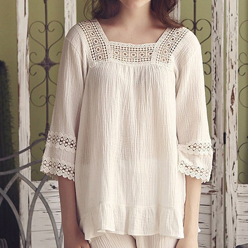 レディース　コットン　7部袖　7分丈　レース　ルームウェア　上下セット　シンプル　部屋着　パジャマ　ナイトウェア　寝間着　セットアップ　パンツ　女性用　大人　キュート　可愛い　セクシー　M　L　サイズ　ホワイト　送料無料