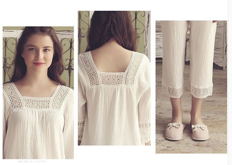 レディース　コットン　7部袖　7分丈　レース　ルームウェア　上下セット　シンプル　部屋着　パジャマ　ナイトウェア　寝間着　セットアップ　パンツ　女性用　大人　キュート　可愛い　セクシー　M　L　サイズ　ホワイト　送料無料