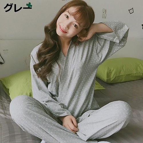 レディース　パジャマ　ナイトウェア　セット　カジュアル　作務衣　ドット柄　水玉　長袖　シンプル　大きいサイズ　フェミニン　大人可愛い　リラックス　ルームウェア　ラフスタイル　グレー　ブルー　送料無料