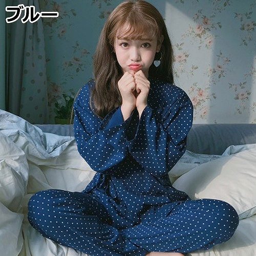 レディース　パジャマ　ナイトウェア　セット　カジュアル　作務衣　ドット柄　水玉　長袖　シンプル　大きいサイズ　フェミニン　大人可愛い　リラックス　ルームウェア　ラフスタイル　グレー　ブルー　送料無料