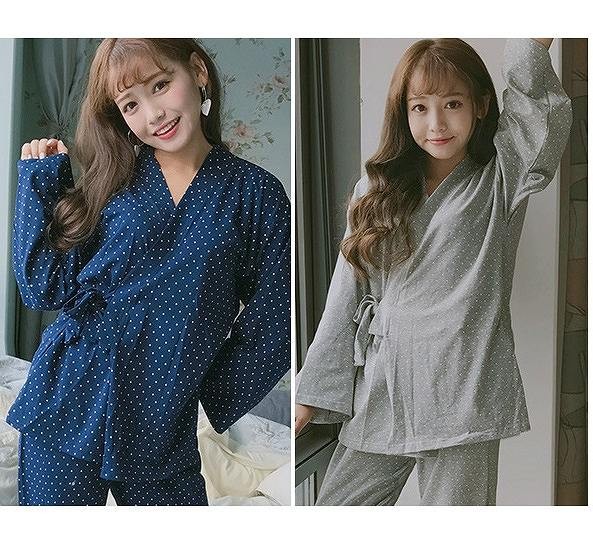 レディース　パジャマ　ナイトウェア　セット　カジュアル　作務衣　ドット柄　水玉　長袖　シンプル　大きいサイズ　フェミニン　大人可愛い　リラックス　ルームウェア　ラフスタイル　グレー　ブルー　送料無料