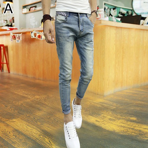 メンズ　ボトムス　デニムパンツ　ジーンズ　ロールアップ　スリム　スキニー　無地　カジュアル　シンプル　脚長　デイリー　お出かけ　デート　ブルー　ブラック　送料無料