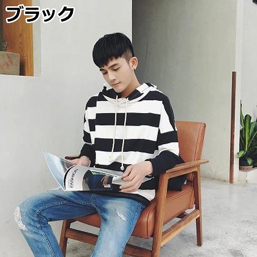 メンズ　トップス　パーカー　フード付き　プルオーバー　長袖　ボーダー　カジュアル　おしゃれ　きれいめ　キレイメ　大きいサイズ　シンプル　デイリー　お出かけ　デート　ホワイト×グレー　ホワイト×ブラック　送料無料
