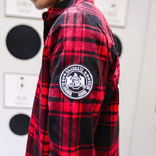 メンズ　トップス　シャツ　長袖　チェック　ワッペン　シンプル　カジュアル　大きいサイズ　デート　お出かけ　デイリー　レッド　ブルー　送料無料